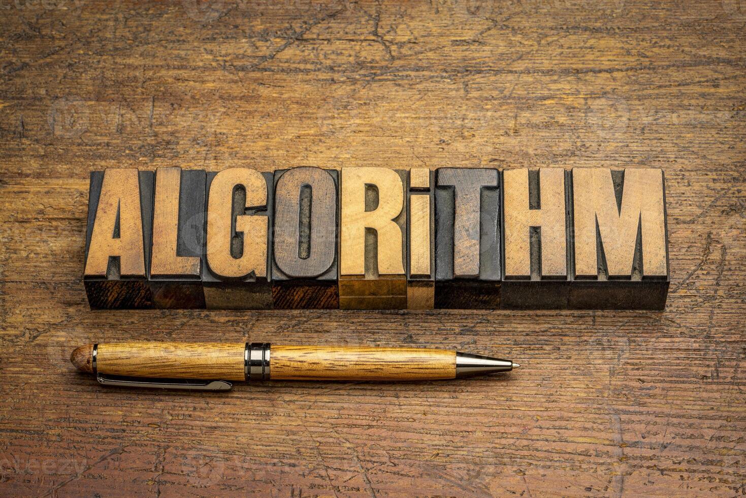 algorithm word in letterpress wood type against grunge wooden ...