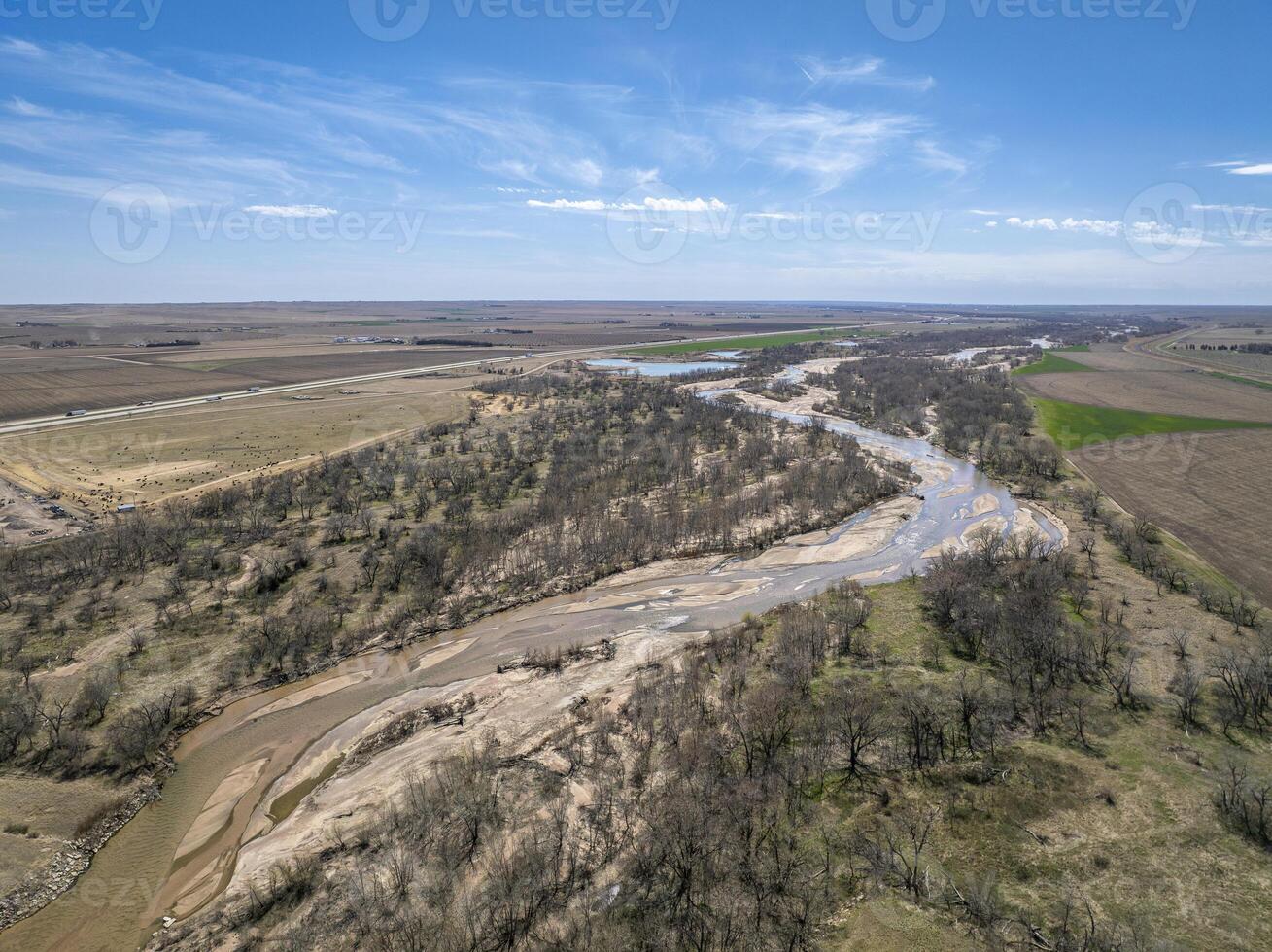 South Platte River near Big Springs, Nebraska, early spring aeiral view photo