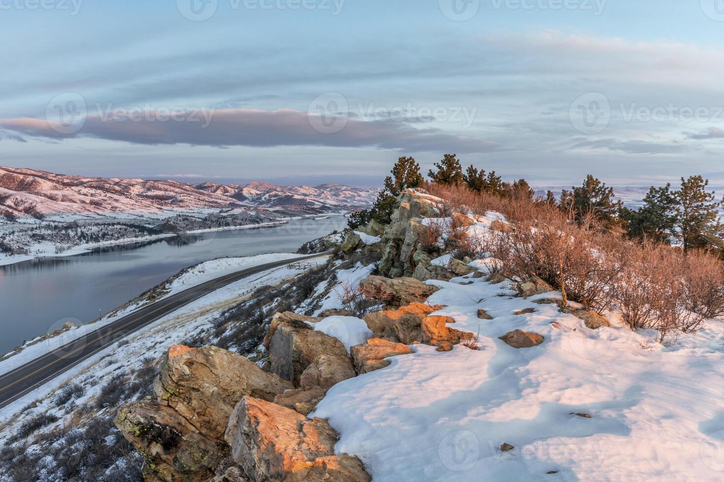 winter sunrise over Horsetooth Reservoir photo