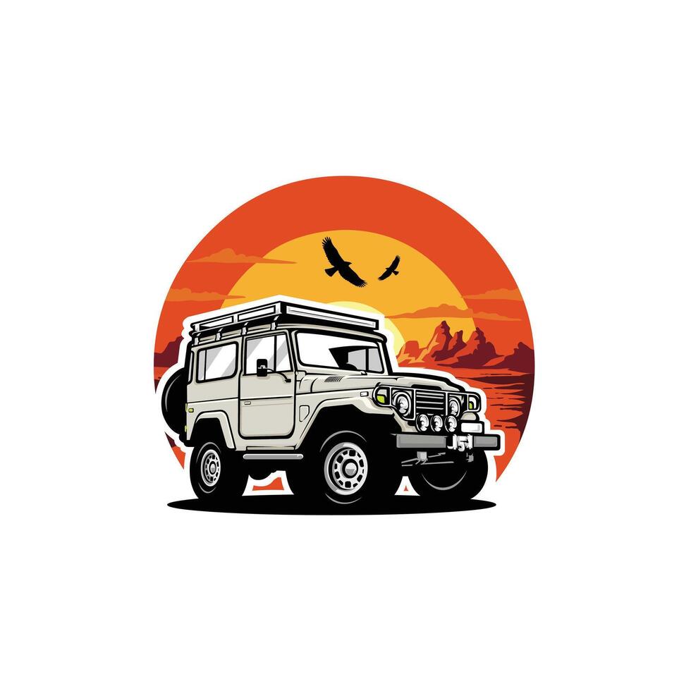 Classic Offroad Overland Vehicle In Desert Art Illustration. Best for Automotive Tshirt Design vector