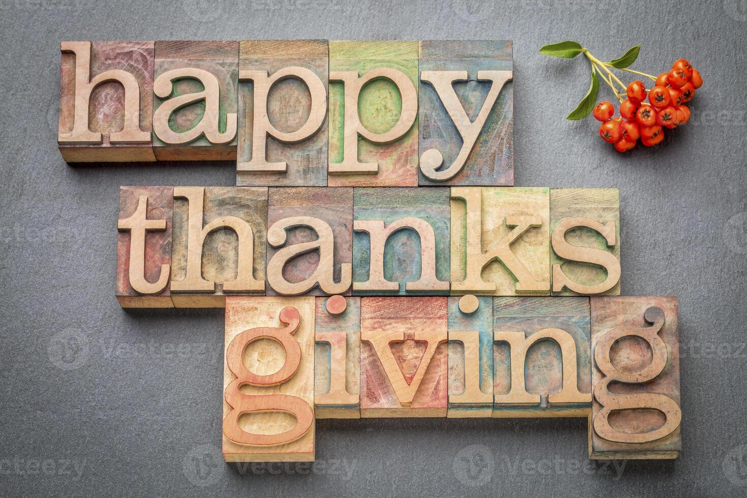 Happy Thanksgiving in wood type photo