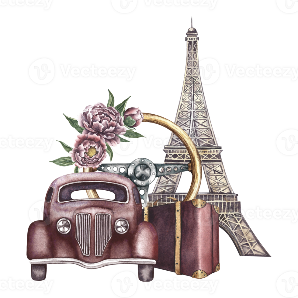 Clásico retro auto, frente vista. el eiffel torre, un antiguo direccion rueda decorado con Clásico flores y un retro maleta. un acuarela ilustración hecho por mano. para impresión, pegatina, tarjeta postal. png