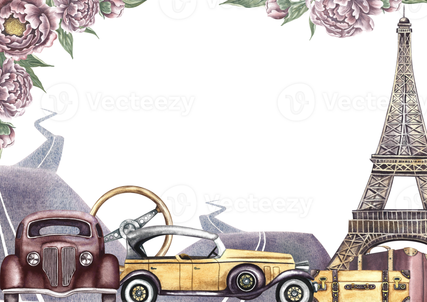 un' telaio con retrò macchine, eiffel Torre, valigie e strade. decorato con Vintage ▾ fiori e peonie. un' stile retrò viaggio. un' acquerello illustrazione fatto di mano. per cartolina, bandiera e manifesto. png
