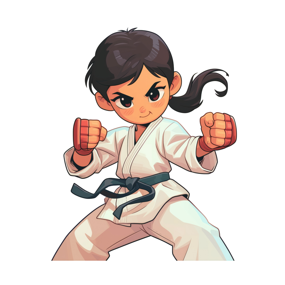 Young woman practicing karate, wearing red gloves png