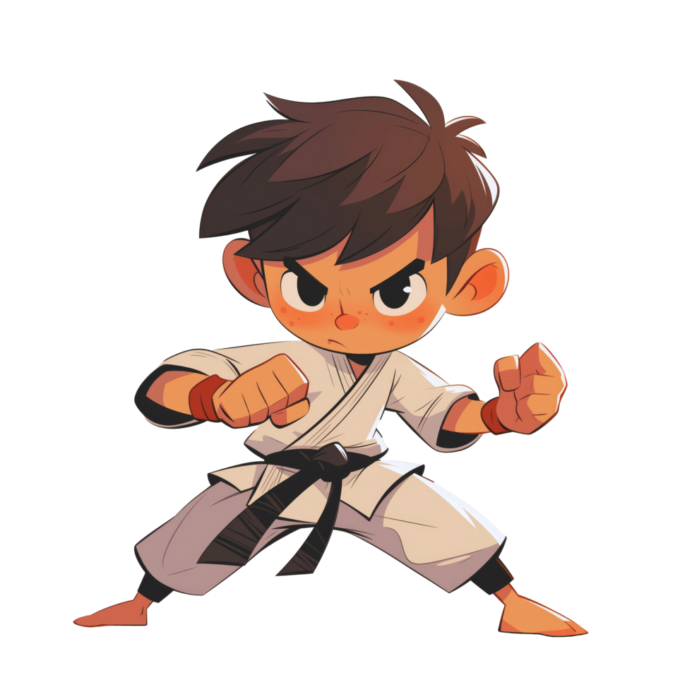Cartoon little karate boy ready to fight png