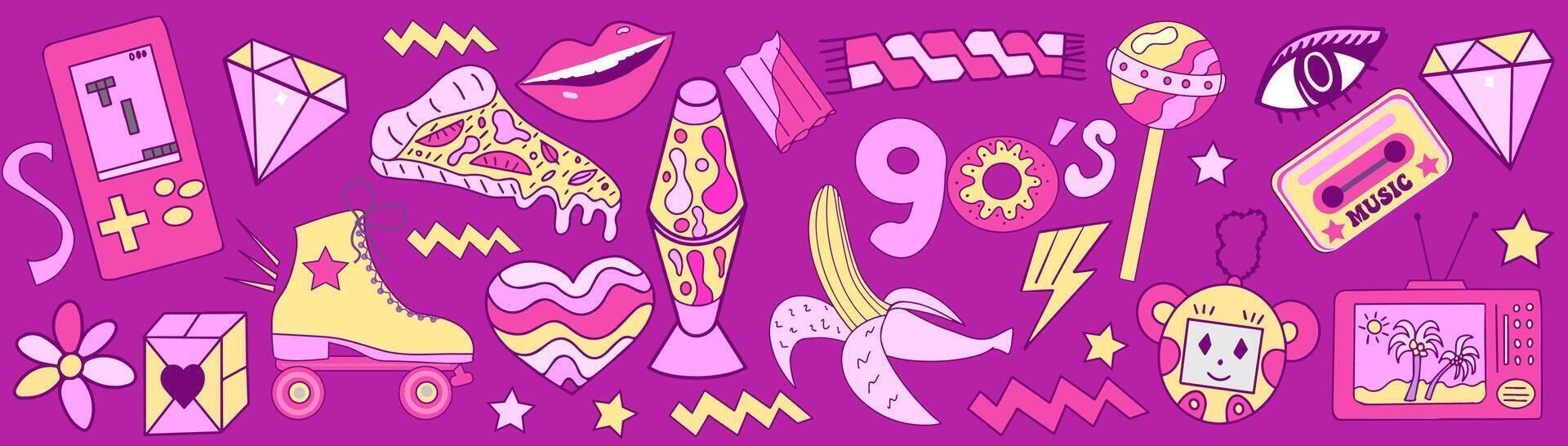 Set of 90s retro devices in modern acid psychedelic style. Nostalgia for 1990s. cassette, game console, roller skates, electronics. illustration. vector