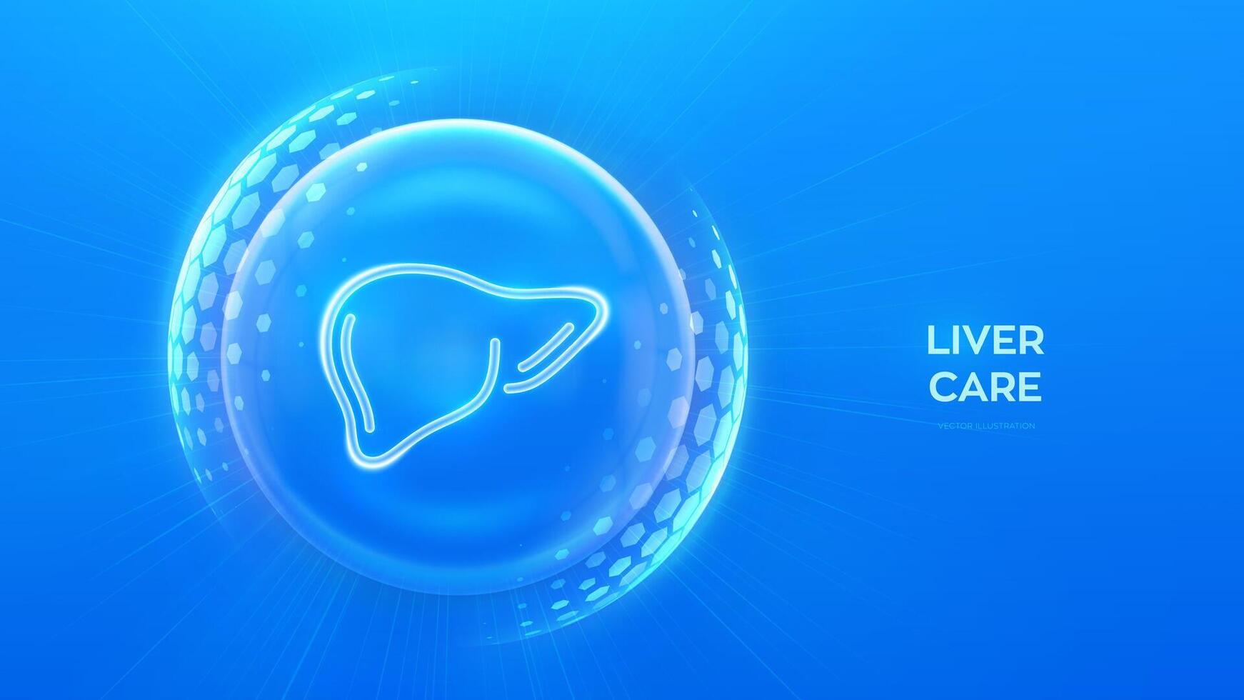 Liver care and protection. Healthy liver medical concept. Human liver anatomy organ icon inside protection sphere shield with hexagon pattern on blue background. illustration. vector