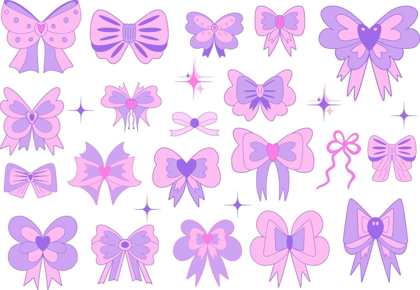 Cute pink bow set y2k 90s style. Ribbon girly icon for card, sticker, print design. Pink glamour illustration. vector