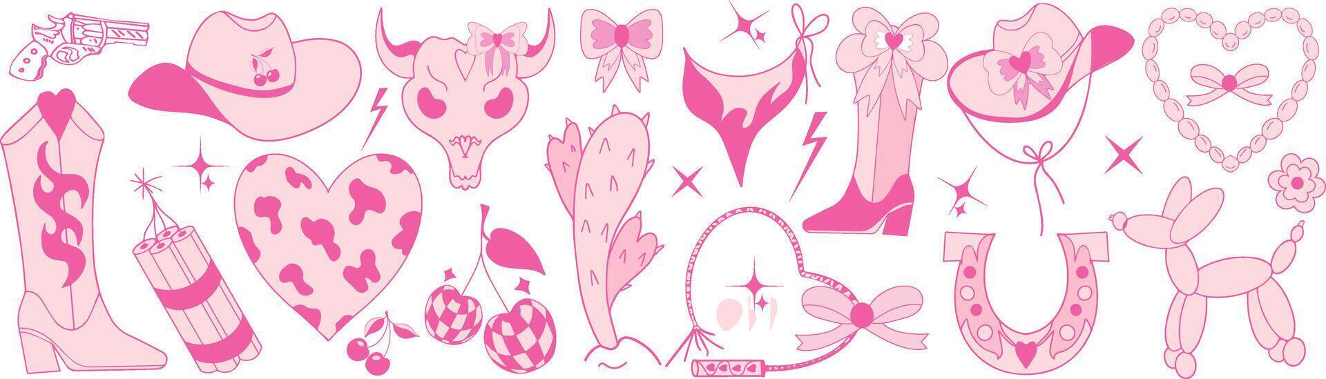 Cowboy girl pink set, fashion coquette elements. Cowgirl howdy boots, cherry ball, hat, horseshoe. Cowboy western and wild west theme. Hand drawn illustration vector
