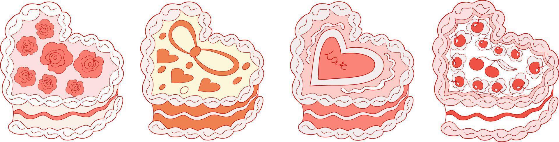 Cute heart shaped cake set with cherry. Cakes collection coquette. A sweet dessert in the style of y2k. illustration vector