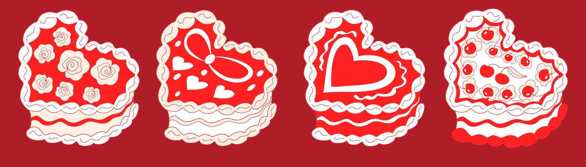 Cute heart shaped cake set with cherry. Cakes collection coquette. A sweet dessert in the style of y2k. illustration vector