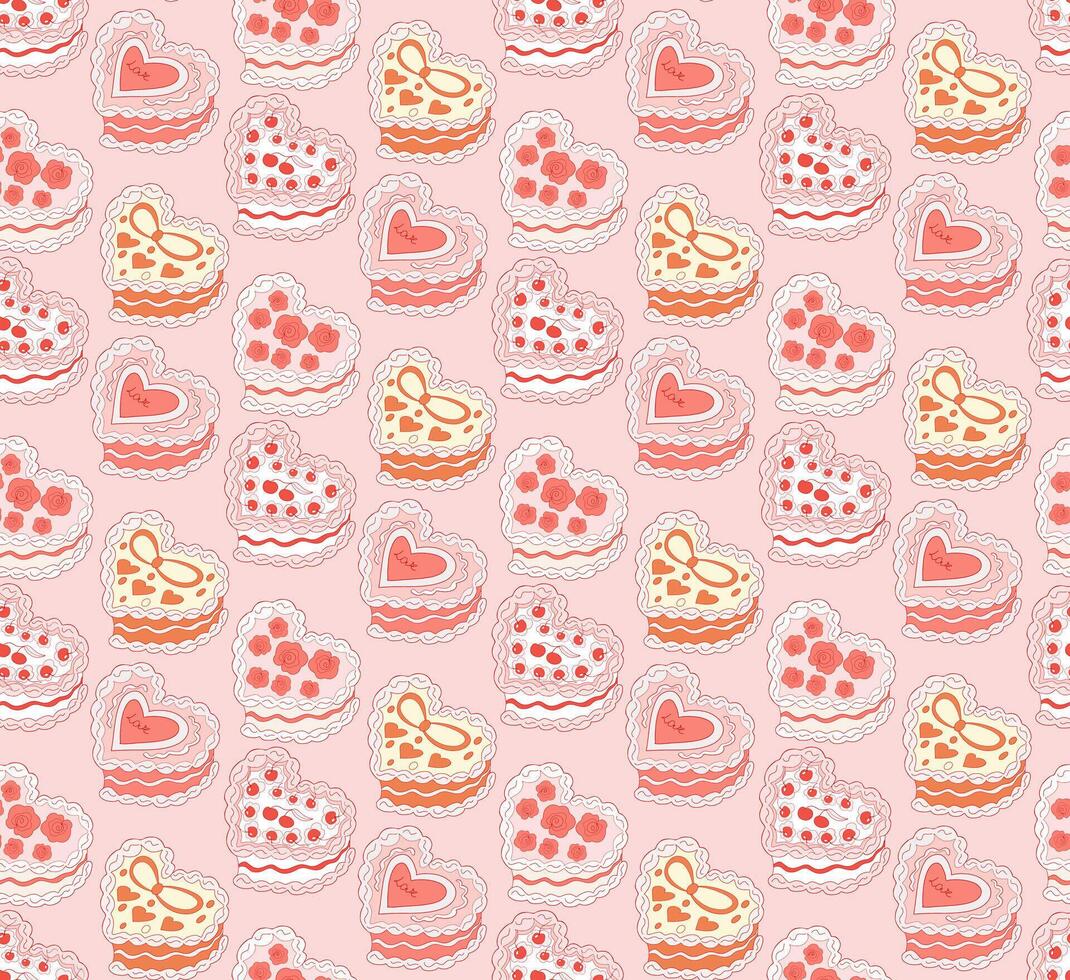 Cute seamless pattern with heart shaped cake. Cakes print coquette. A sweet dessert in the style of y2k. illustration vector
