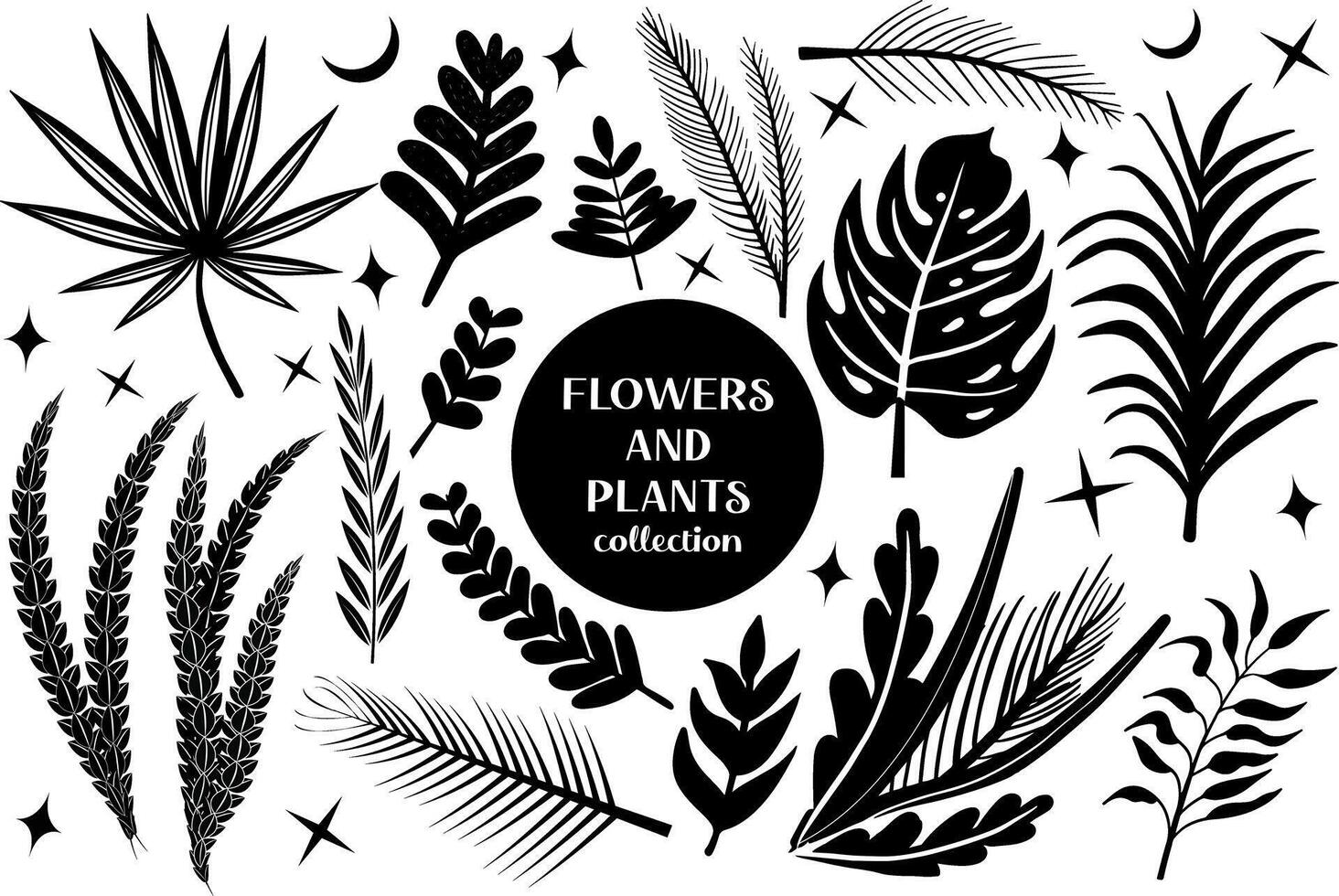 Set of black abstract flowers and leaves.botanical linocut plant and organic elements, herbs print. illustration vector