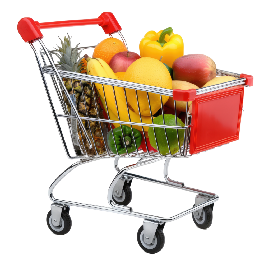 Shopping cart with food products isolated on transparent background, without background . png