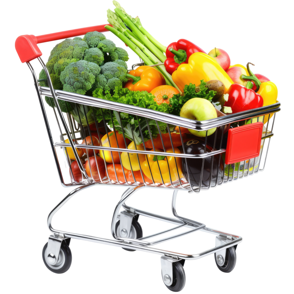 Shopping cart with food products isolated on transparent background, without background . png