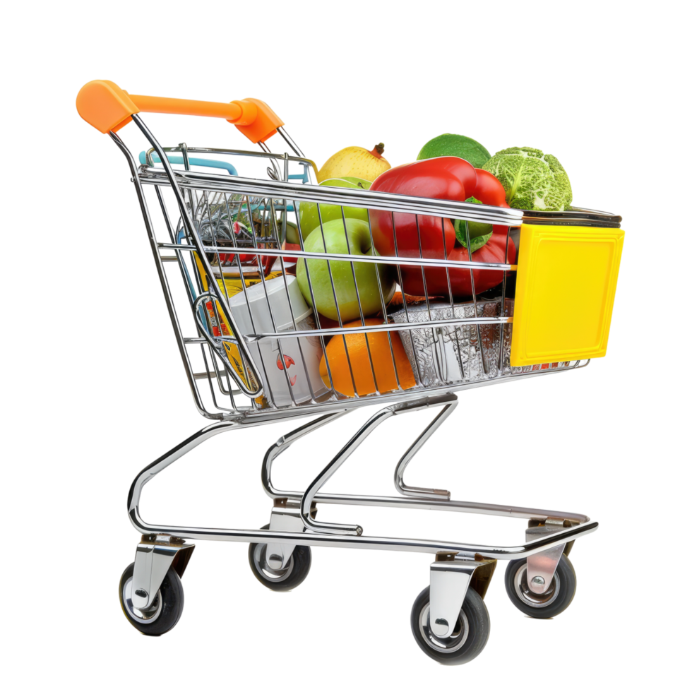 Shopping cart with food products isolated on transparent background, without background . png