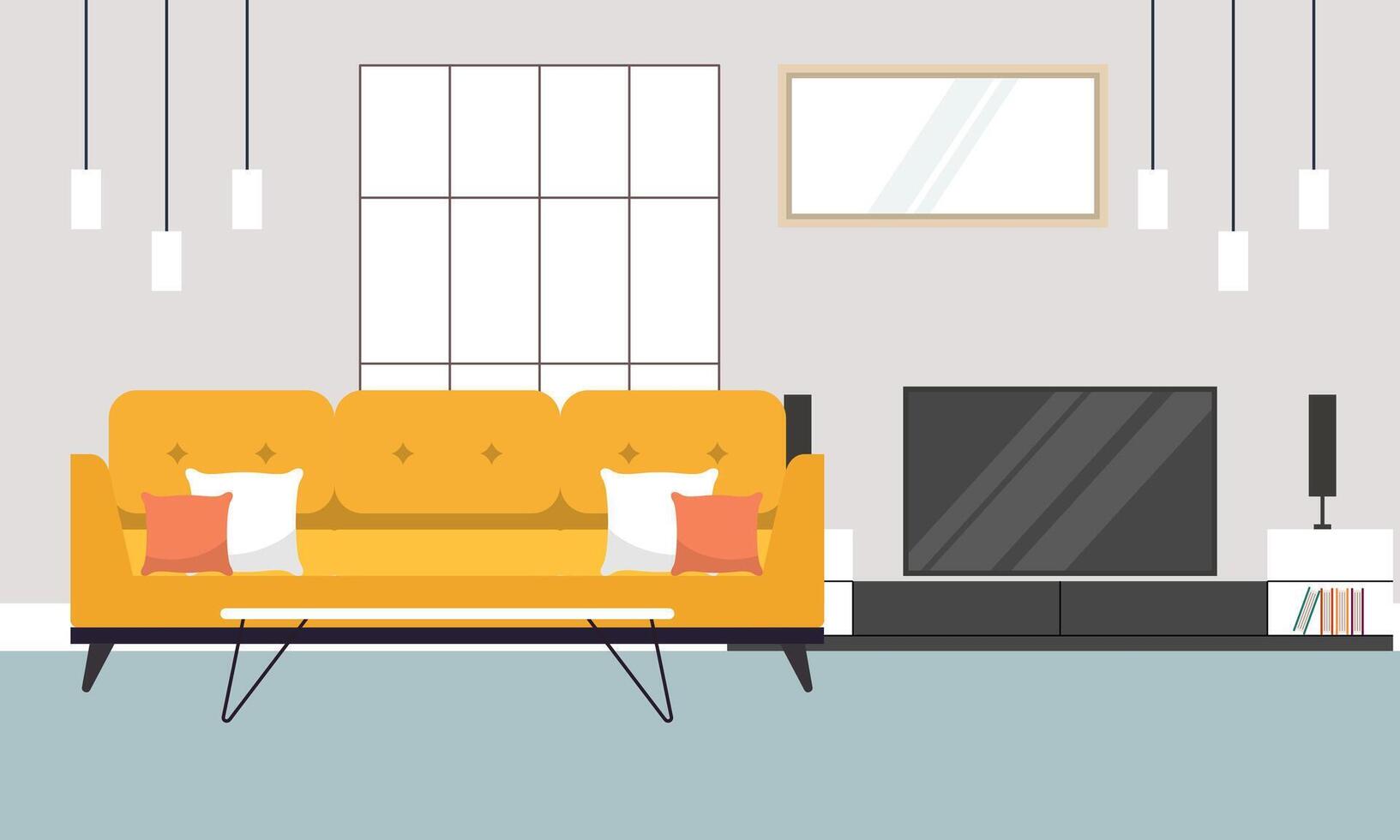 Living room with furniture. Cozy interior with sofa and tv vector