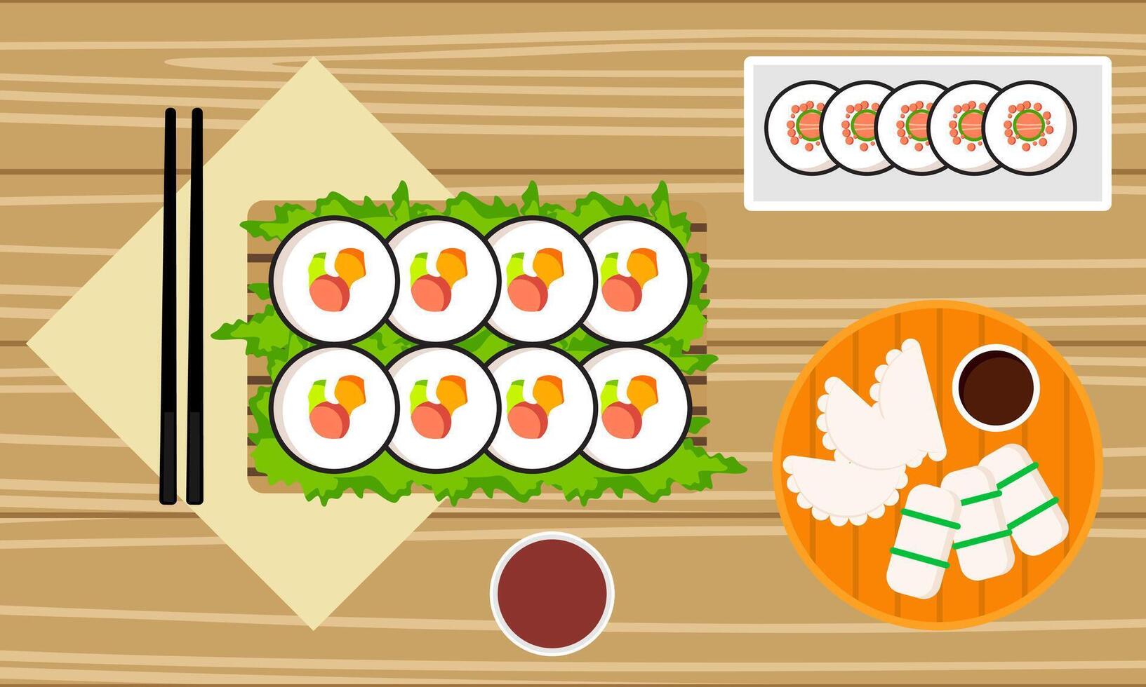 Dining table with dishes in top view. Restaurant asian cuisine vector