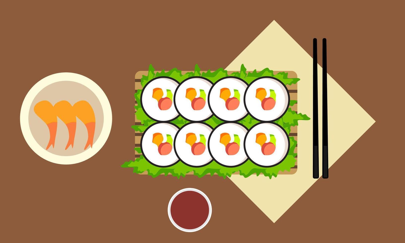Dining table with dishes in top view. Restaurant asian cuisine vector
