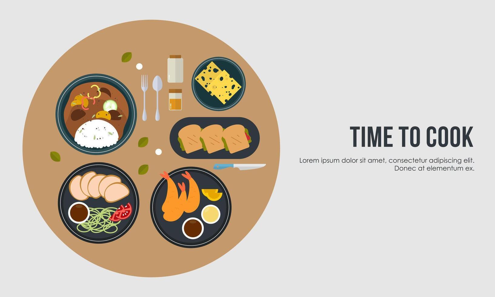 Dining table with dishes in top view. Restaurant asian cuisine vector