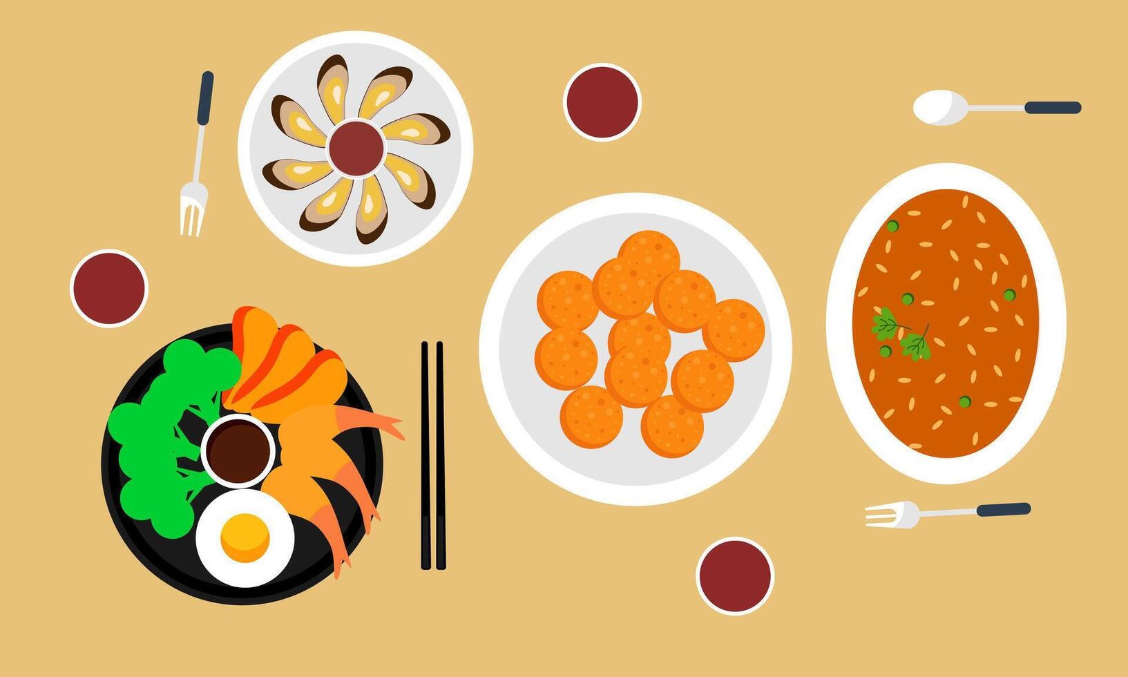 Dining table with dishes in top view. Restaurant asian cuisine vector