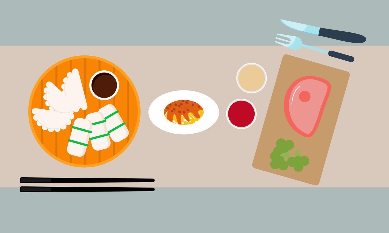 Dining table with dishes in top view. Restaurant asian cuisine vector