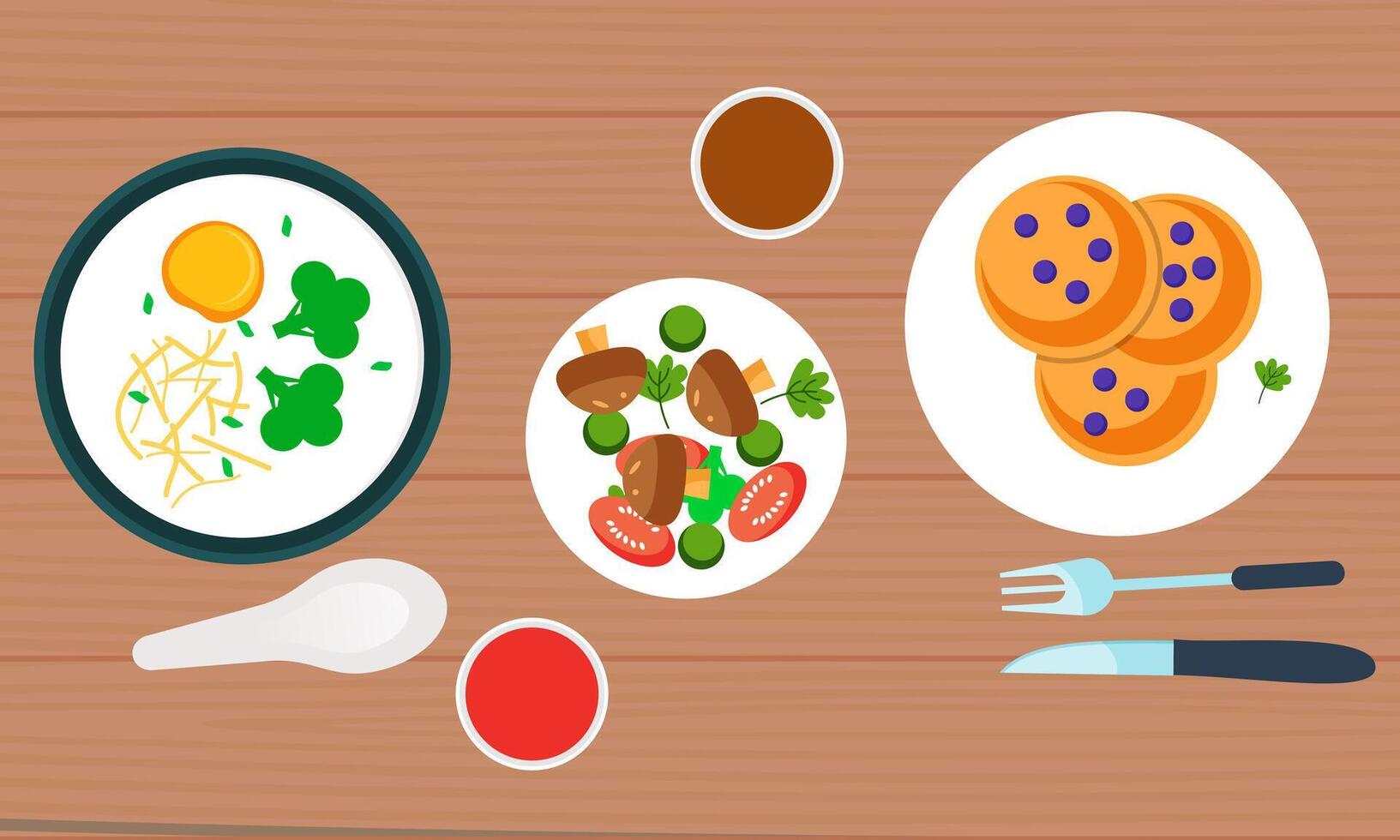 Dining table with dishes in top view. Restaurant asian cuisine vector