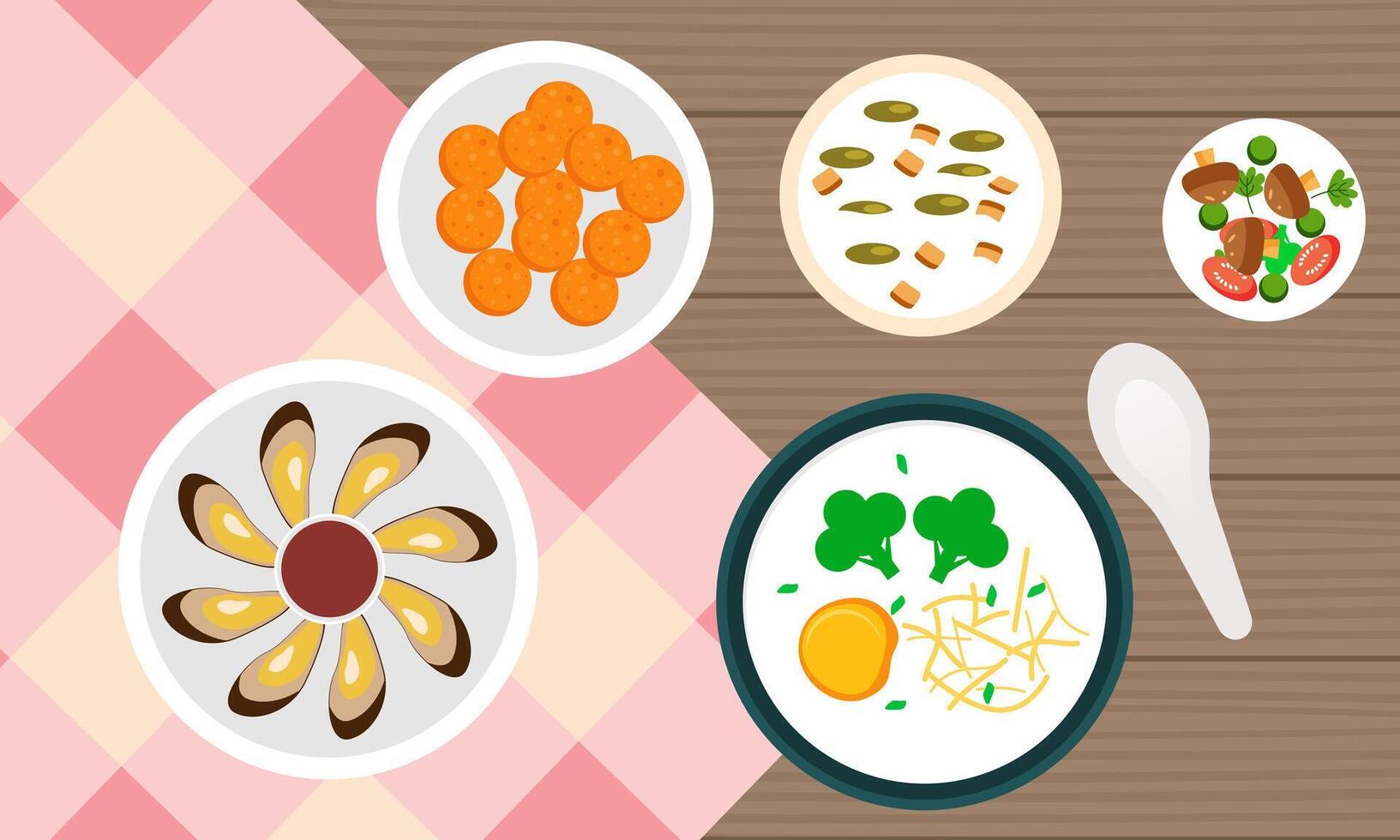 Dining table with dishes in top view. Restaurant asian cuisine vector