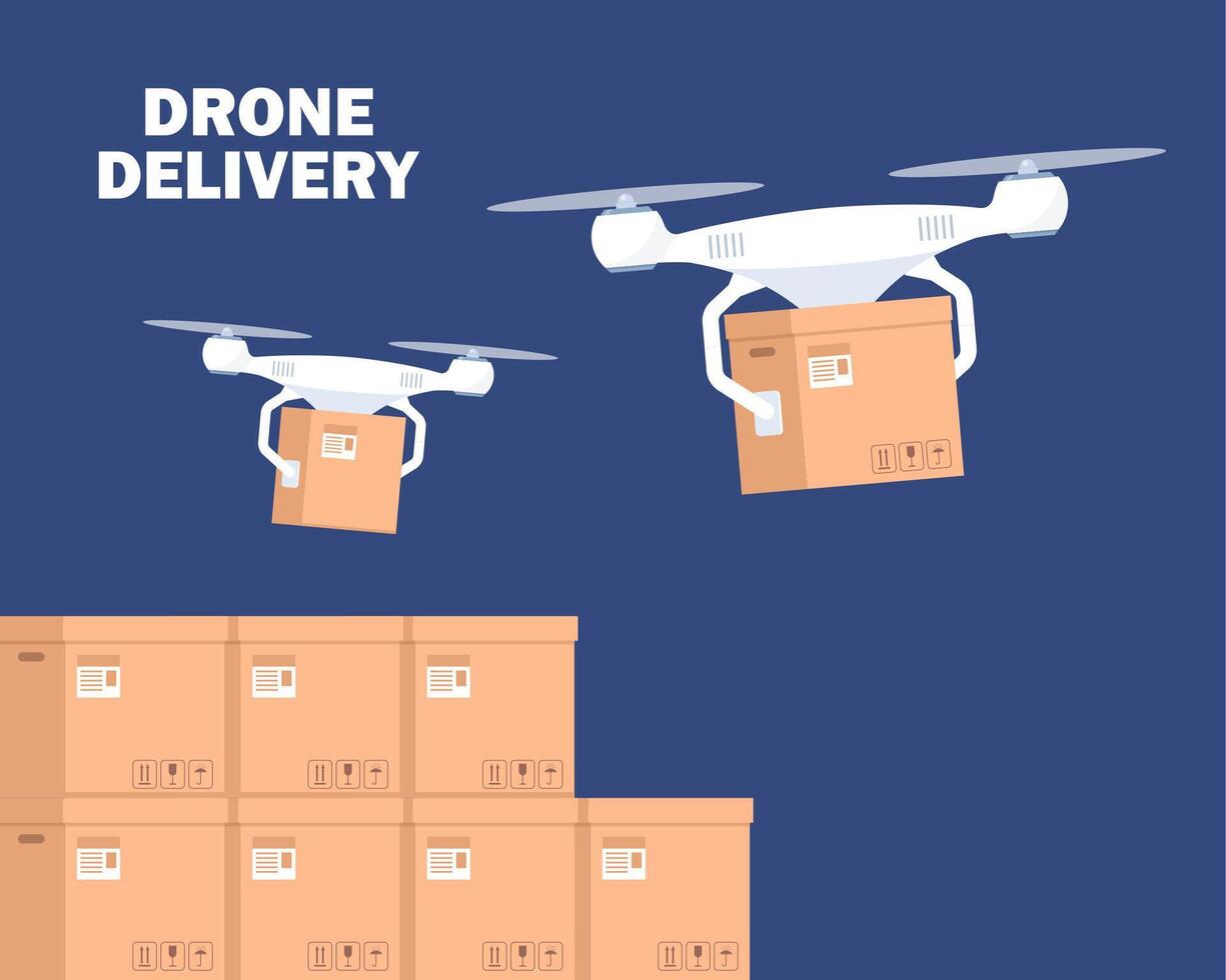 Drone working in modern warehouse. Robotics technology concept, fast delivery, artificial intelligence. illustration. vector