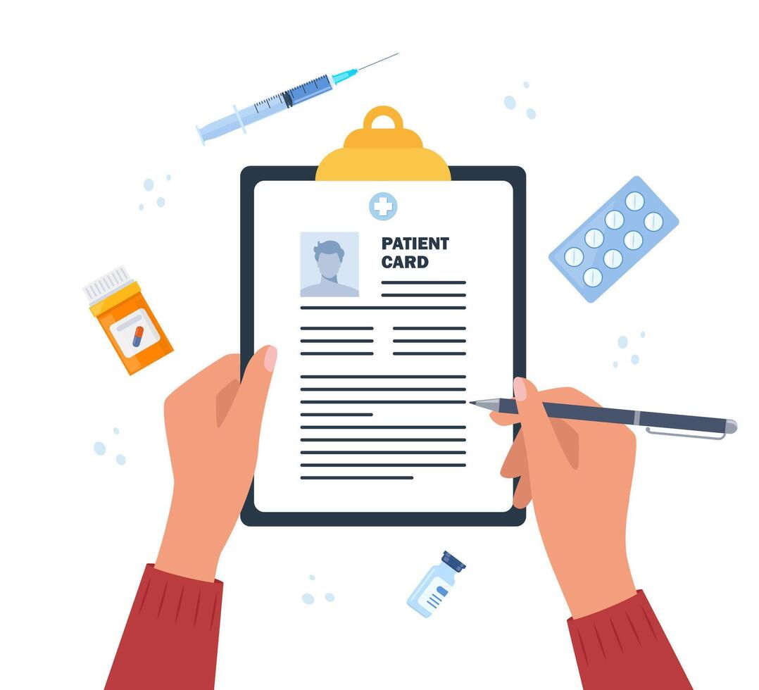 Patient card, medical records document with patient data or information on table top view. Doctor's work desk, medical report on clipboard, pills, syringe. vector