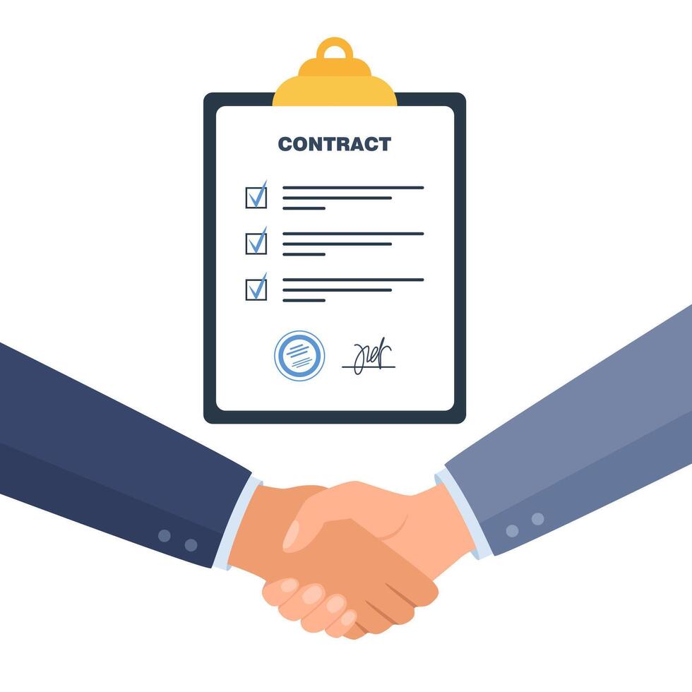 Concluding a contract, business negotiations. Two male businessmen shake hands, make a deal, sign a contract. Clipboard with agreement, contract. vector