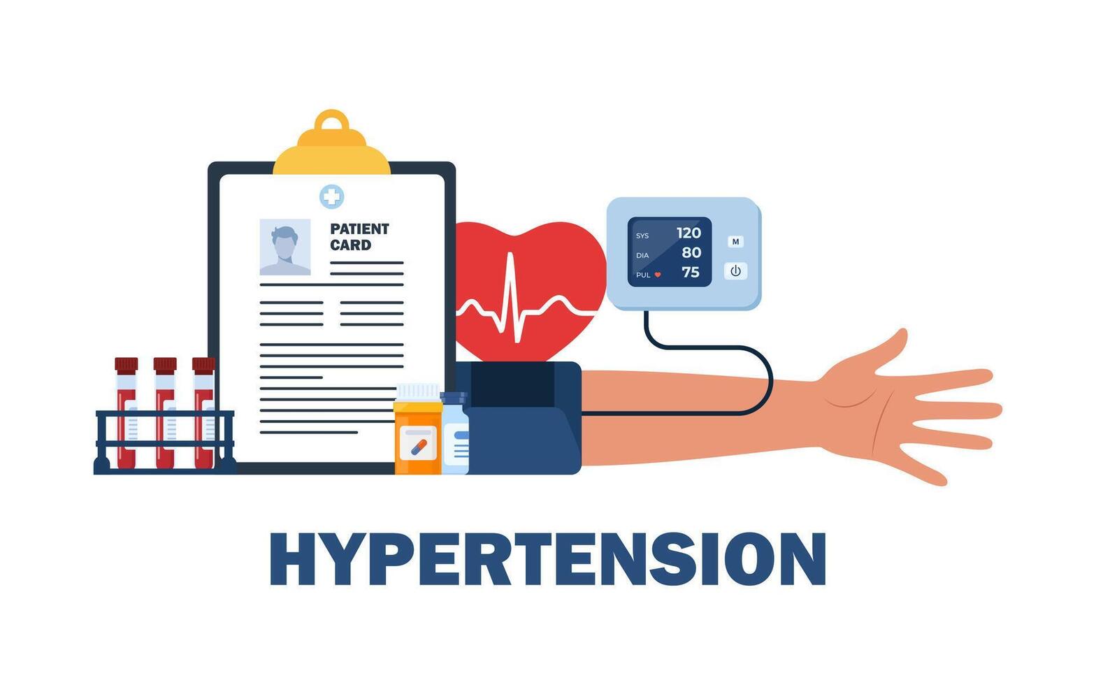 Medical examination and cardiology checkup. Tonometer. Measuring high blood pressure, test tubes, syringe, patient medical card, medications, syringe, heart. vector