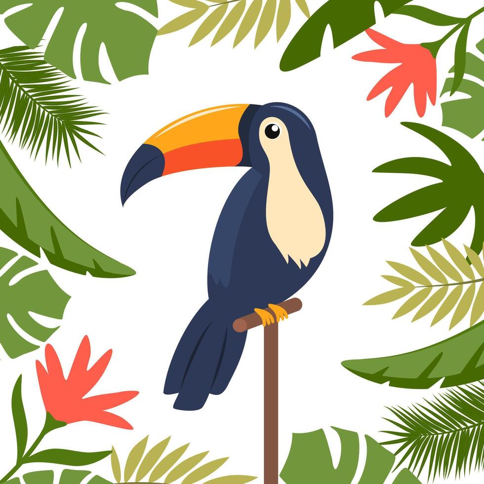 Toucan, exotic bird, tropical flowers, palm leaves, jungle leaves, bird of paradise. vector