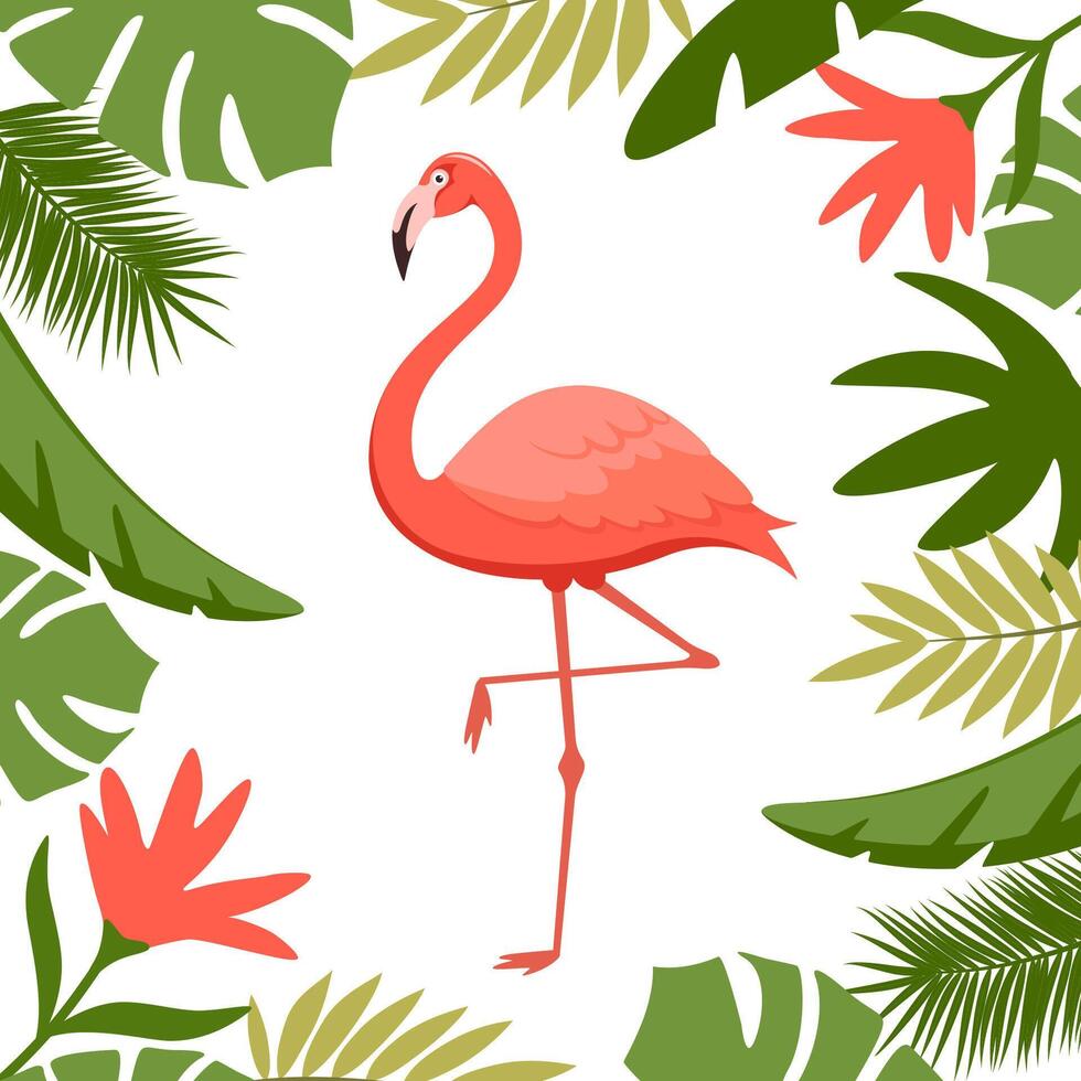 Pink flamingo surrounded by tropical leaves. Exotic tropical bird character. Isolated wildlife animal. vector