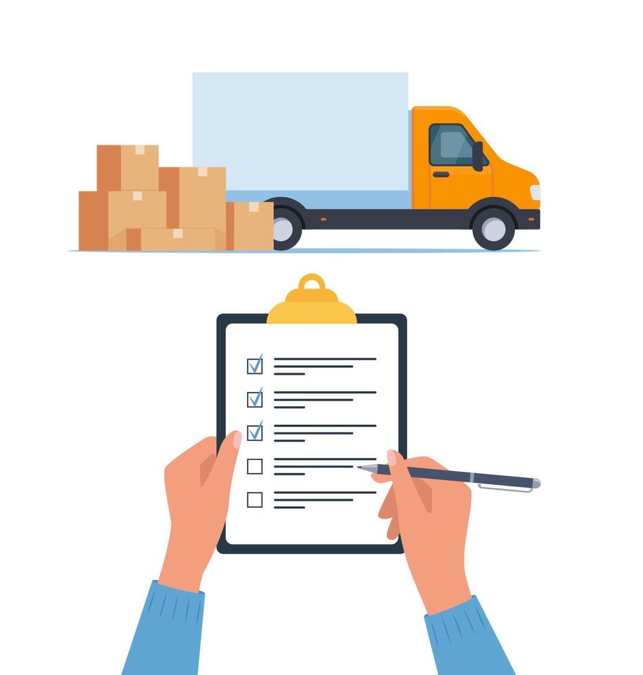 Lorry and pile of boxes. Clipboard with checklist in human hands. Delivery concept. Transportation of goods. Moving to new house. vector