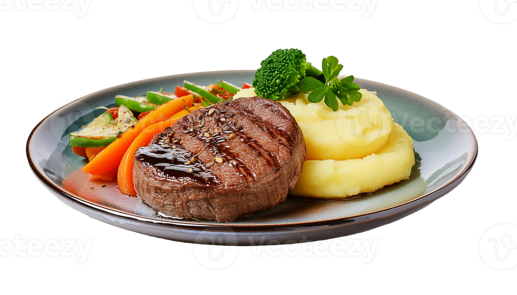 restaurant dish of beef steak with fresh salad, mashed potatoes on a black plate png