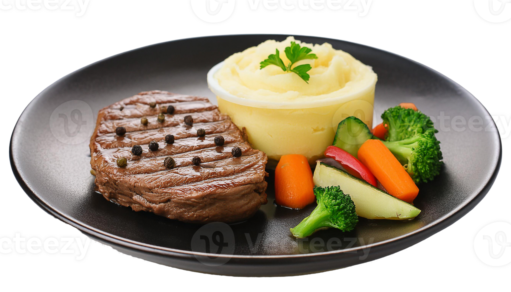 restaurant dish of beef steak with fresh salad, mashed potatoes on a black plate png