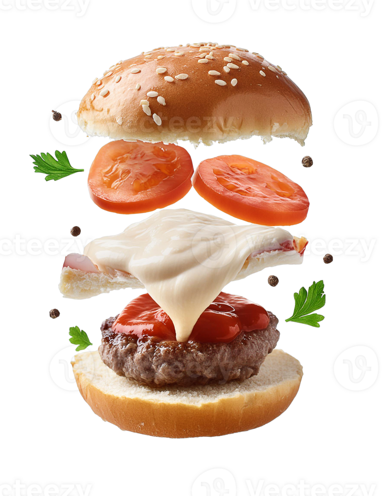 Floating burger with meat, tomato, cheese, lettuce png