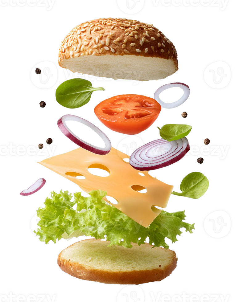 delicious hamburger with flying ingredients on transaprent background png