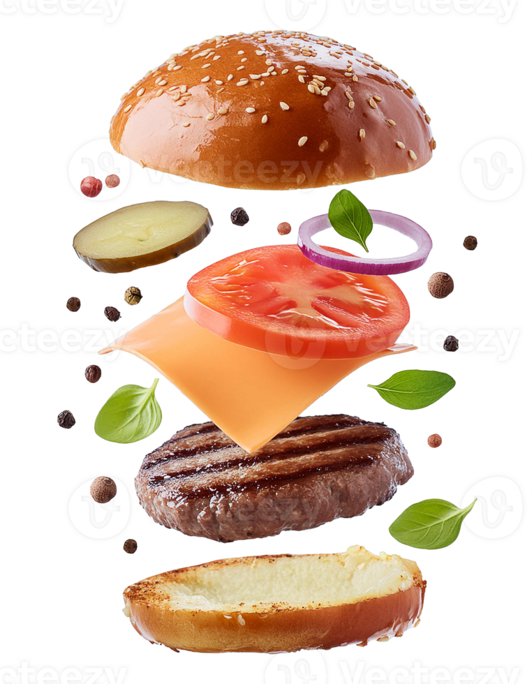 floating burger ingredients on transparent background png
