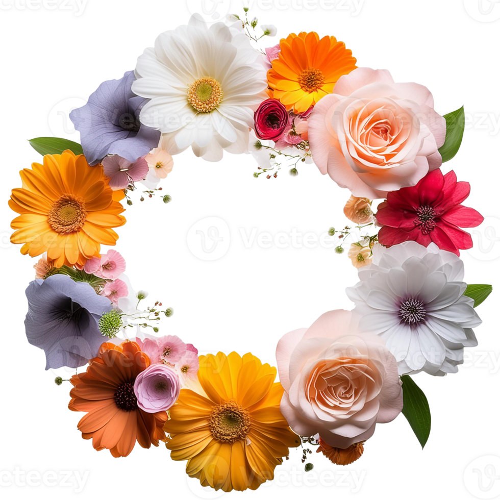 circle frame of various types of colorful flowers png
