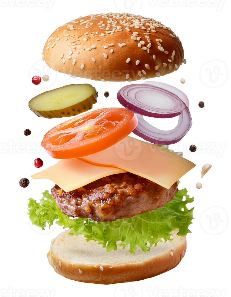floating burger ingredients on transparent background png