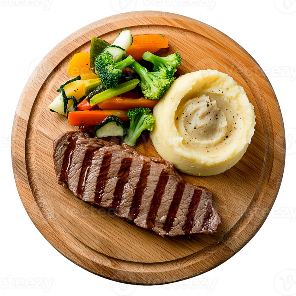 special beef steak dish with fresh salad, mashed potatoes served on a wooden plate png