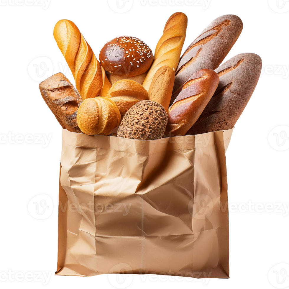 Various types of fresh bread in paper bag packaging png
