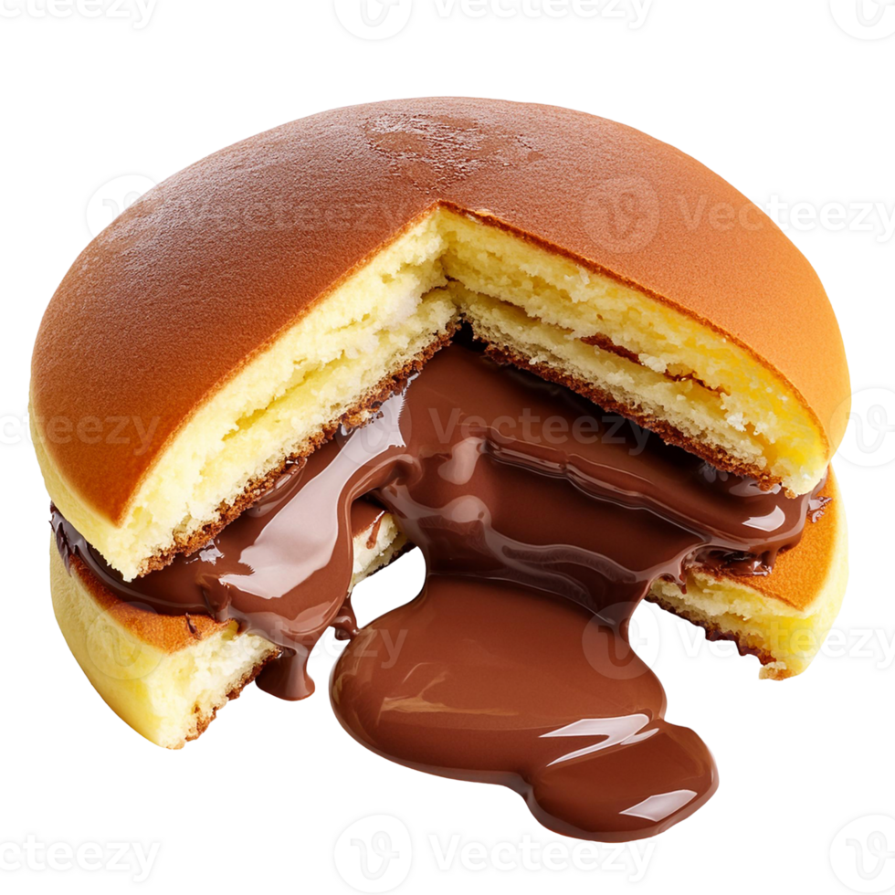 delicious dorayaki with melted chocolate filling split on transparent background png