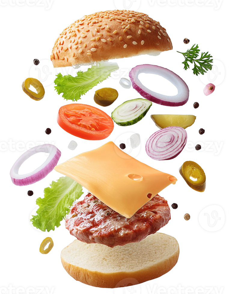 Floating burger with meat, tomato, cheese, lettuce png