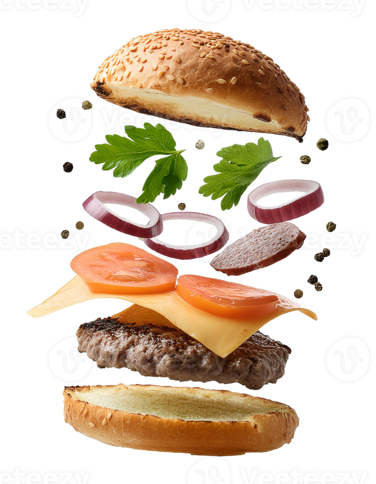 Ingredients of a delicious burger with ground beef patty, lettuce, bacon, onions, tomatoes and cucumbers png