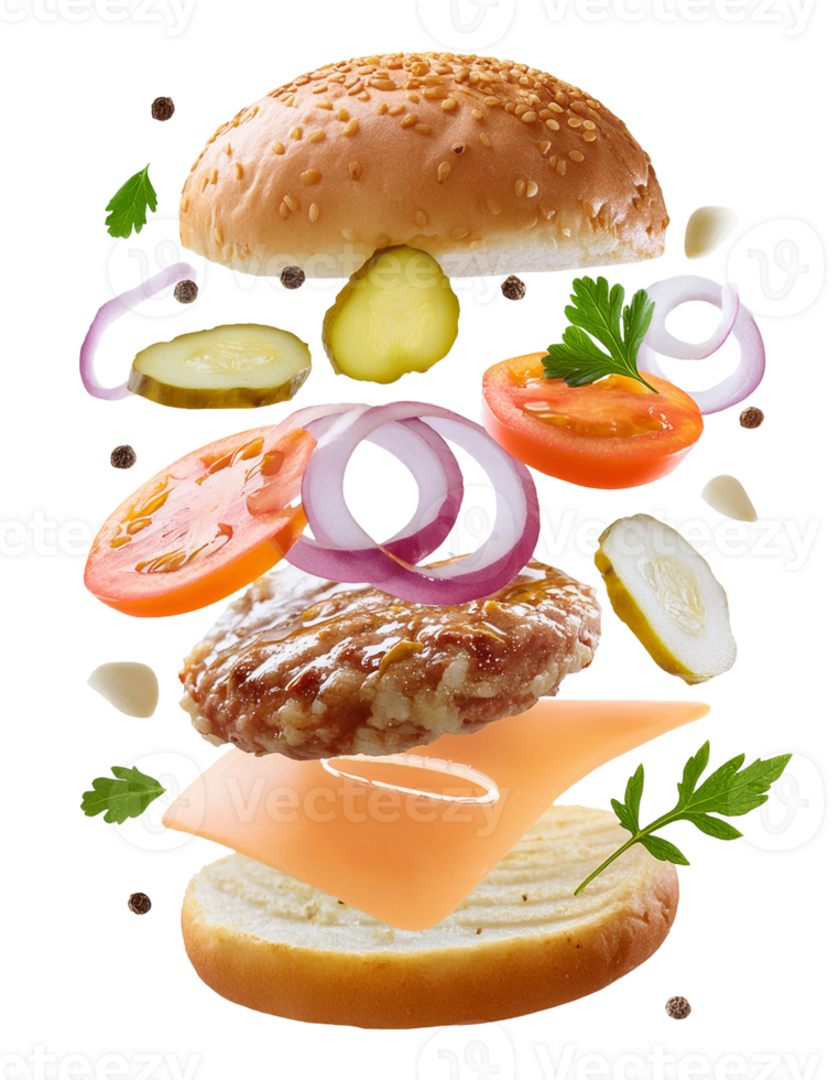 Tasty hamburger with flying ingredients on transparent background png