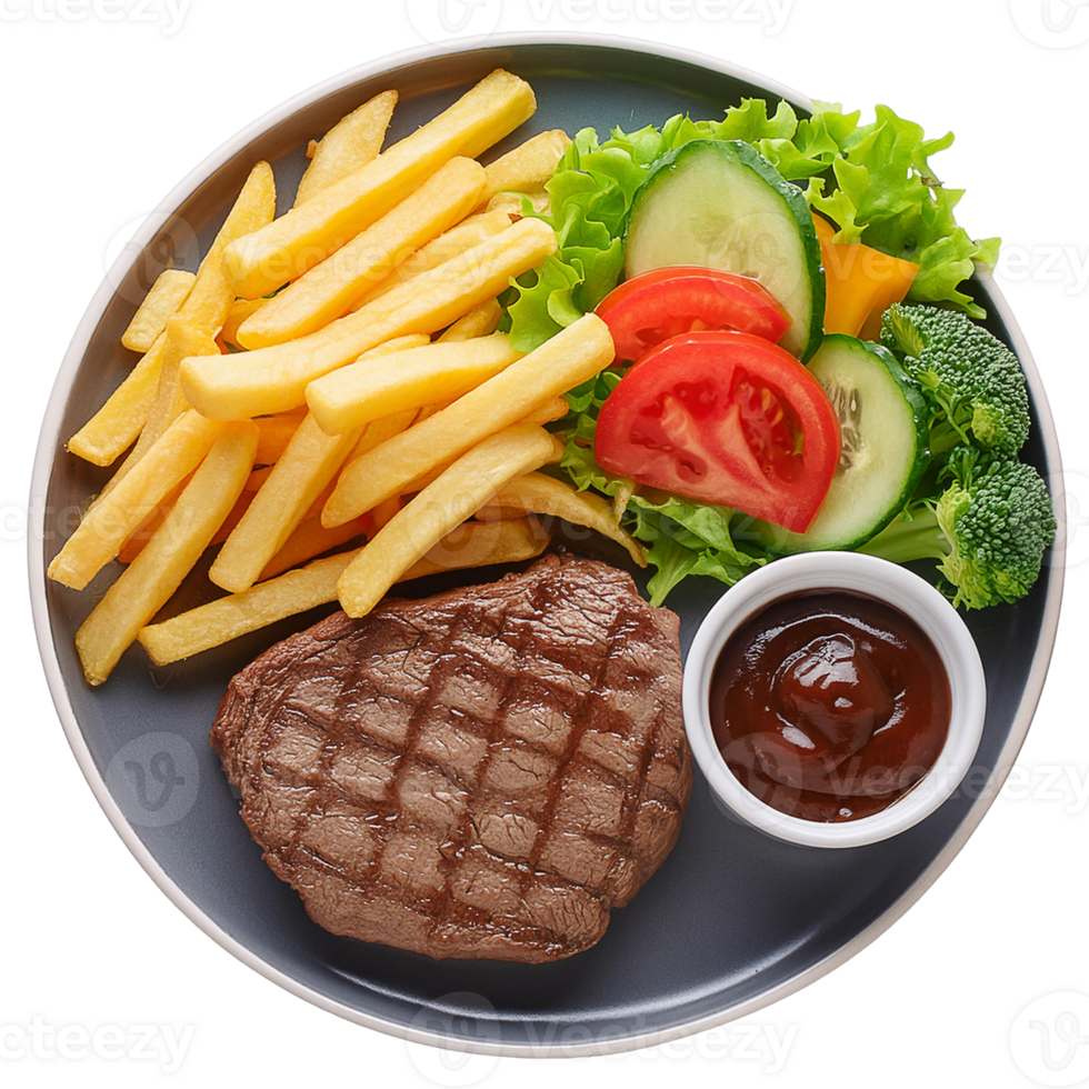 beef sirloin steak served with fresh salad, french fries and barbeque sauce png