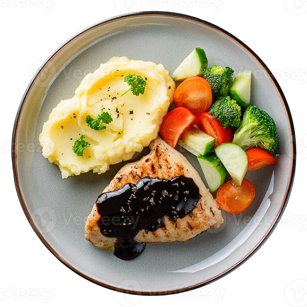 special beef steak dish with fresh salad, mashed potatoes served on a wooden plate png